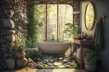 Fototapeta na wymiar Modern bathroom, eco interior design. Super photo realistic background. Generative ai illustration