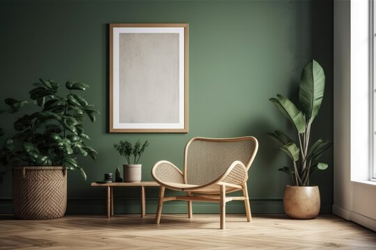 Modern green wall with empty vertical picture frame. Scandi boho interior mockup. Free photo copying. Plants, rattan chair. Generative AI
