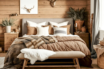 Modern bedroom, cozy interior design. Super photo realistic background. Generative ai illustration