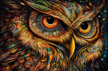 Mysterious owl, spiritual shamanic totem animal, protective spirit, AI generative