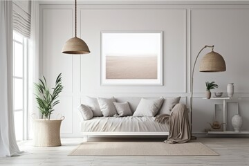 Fototapeta premium Mock up frame in warm house interior backdrop, coastal style livingroom with couch, rattan lamp, white cabinet, gray fabric furniture, hardwood floor, and huge window,. Generative AI