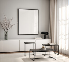 Mockup poster frame on the wall of living room. Luxurious apartment background with contemporary design. Modern interior design. 3D render, 3D illustration.