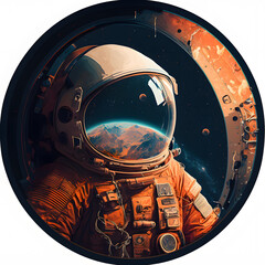 View of an astronaut in a spacesuit from the porthole of a spacecraft created with Generative AI technology.