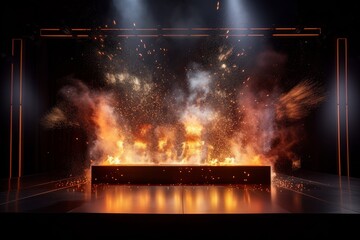 Fototapeta na wymiar illuminated burning stage background with flames & sparks for product presentation mock-ups, logo presentation, generative ai 