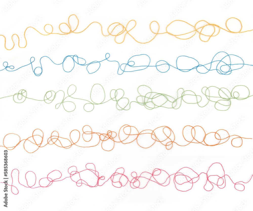 Wall mural tangled colorful cotton threads isolated on white background. abstract thread lines pattern.