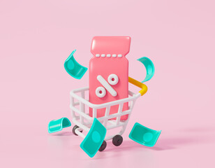 The concept of a promo code. A coupon with shopping cart. For promotion, marketing and advertising in social networks. 3d rendering.