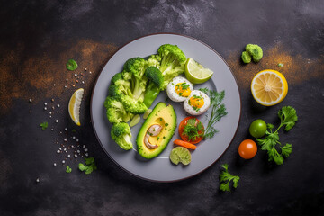 Fototapeta na wymiar Avocado, salmon on the plate, keto diet illustration. Super photo realistic background,generative ai