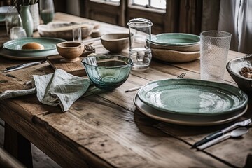 Obraz na płótnie Canvas Hardwood rustic dining table with white and green tableware. Jute. Scandinavian bohemian decor. Plan, top,. Generative AI