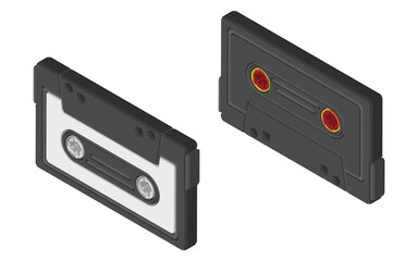 Obraz premium Music cassette tape isometric on background. Side view vintage analog song tape record. mix tape retro. Audio cassette tape isolated. Old music retro player. 80s, 90s blank mix vector illustration