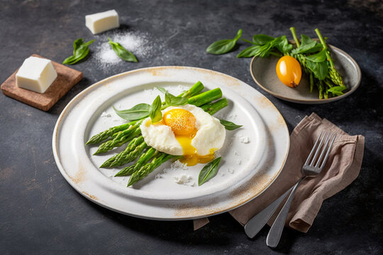 Eggs with asparagus on the plate, keto diet illustration. Super photo realistic background,generative ai