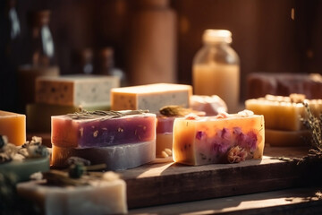 Fototapeta na wymiar Natural handmade spa soap bars made of different ingredients. Generative AI
