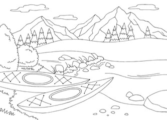 Fototapeta premium Kayak boat coloring graphic black white landscape sketch illustration vector