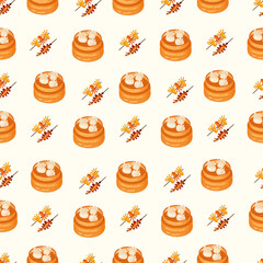 Chinese food seamless pattern. Hand drawn different types of asian food in wooden steamers repeating background. Tasty chinese food, delicious har gao, sticky rice, rolls.
