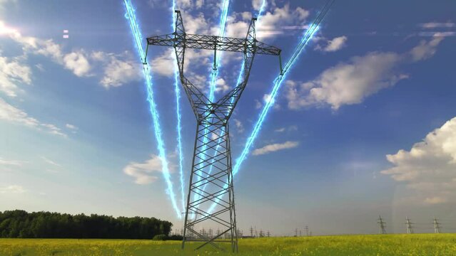 Visualization of electricity transmission over high-voltage wires. Pylons and power lines on a clear blue sky with clouds. HV power transfer tower against the background of a clear sky with clouds. 4k