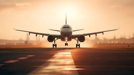 Fototapeta na wymiar Airplane taking off or landing on airport runway. Generative AI