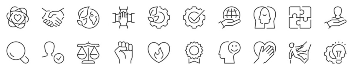 Core values concepts thin line icon set. Symbol collection in transparent background. Editable vector stroke. 512x512 Pixel Perfect.