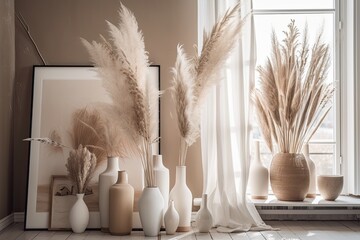 Stylish room with fluffy reed plumes and artwork. Generative AI