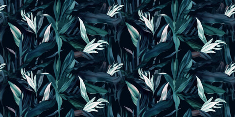 Dark cyan repeating pattern background, tropical leaves, abstract art design – created with generative AI