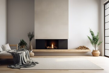 White walls and trendy fireplace in minimalist living room. Interior mockup,. Generative AI