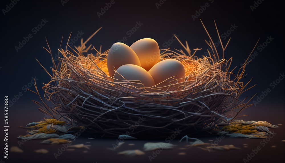 Wall mural Shiny easter chicken eggs in a circular birds nest, happy easter dark tones