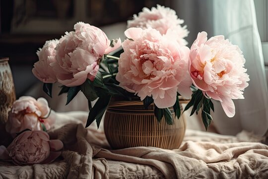 Modern bohemian room with peony bouquet. Soft pink peonies in vase on rustic backdrop, melancholy picture. Bohemian style, fashionable comfort. Generative AI