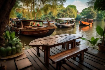 Fototapeta na wymiar Serene Riverside Retreat with Traditional Boats (AI Generated)