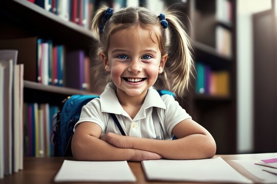 A smiling, happy, beautiful young blonde little school girl. Student with polo shirt and backpack in the school library. generative AI.