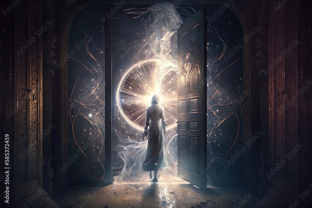Poster conjuring thresholds of wonders through a fantastical reflection of light and dark arts generative a