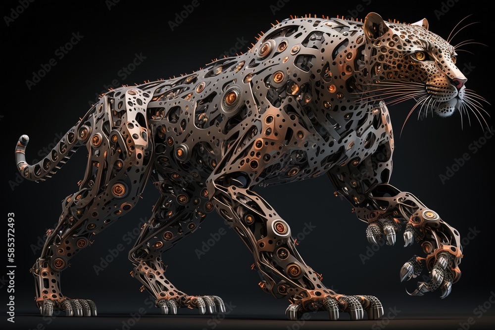 Poster curious clacking claws and gleaming steel gaze: a robotics leopard unleashed generative ai