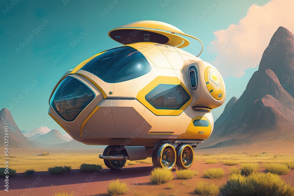 Poster journey to infinity and beyond with new high-tech hovercampers!' generative ai