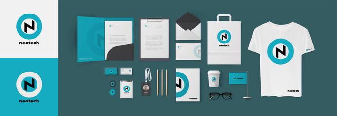 Blue color stationery desing template with circle logo N letter, corporate branding pack. Full starter set with folder and business cards, envelope and letterhead A4