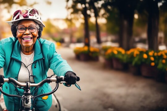 African american black woman riding a bicycle in the city street outdoors. Portrait of happy senior woman wearing bicycle helmet. Older, old, granny, grandpa, grandfather. Ai generative
