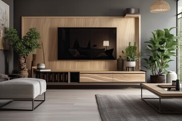 Contemporary living room with TV cabinet on hardwood wall. Generative AI