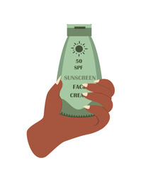 Green Bottle of Sunscreen Face Cream.Calming Moisturizing Sunscreen Product and Sunblock.Healthy Tanning, Sunbathing.Anti-UV Cream,Lotion.Colored flat vector illustration isolated on white background