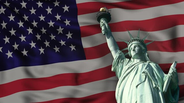 American Statue of Liberty against the background of a waving star-spangled U.S. flag. Looped seamless repetitive video. . High quality 4k footage