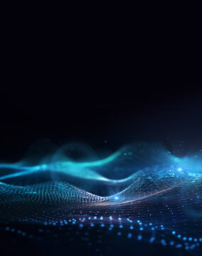 Data, internet and futuristic background wave, with blue connection, abstract and technology illustration for big data, AI or a network or stream of communication, science or music. Blockchain, cloud