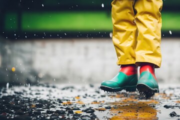 Child's feet in green rubber boots jumping over a rain puddle. Ai generative