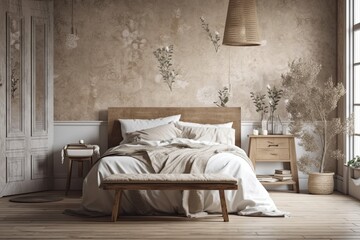 White and beige farmhouse bedroom mockup. Wallpaper and wood furniture. Boho decor,. Generative AI