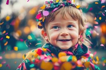 Little blonde girl at birthday party with confetti. Happy Birthday.
 Ai generative