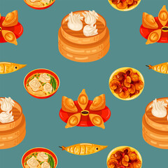 Chinese food seamless pattern. Hand drawn different types of asian food in wooden steamers repeating background. Tasty chinese food, delicious har gao, sticky rice, rolls.