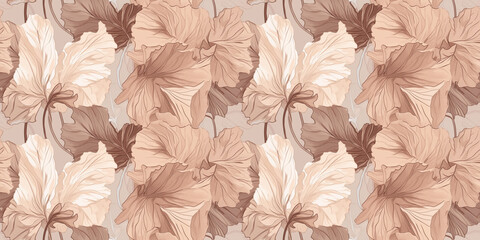 Brown repeating pattern background, tropical leaves, abstract art design – created with generative AI