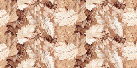 Brown repeating pattern background, tropical leaves, abstract art design – created with generative AI