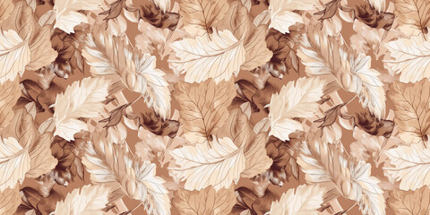 Brown repeating pattern background, tropical leaves, abstract art design – created with generative AI
