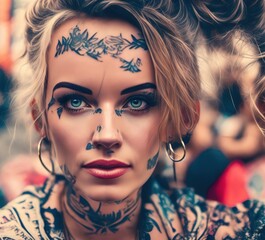 Beautiful girl with tattoos in punk style. Tattooed young woman. Trend marker. Edgy fashion. Ai generative.