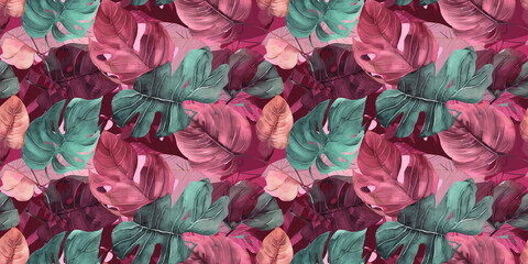 Monstera repeating pattern background, tropical leaves, abstract art design – created with generative AI