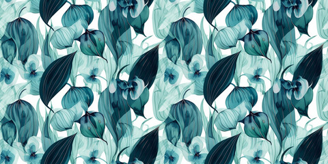 Azure repeating pattern background, tropical leaves, abstract art design – created with generative AI