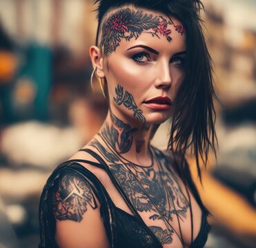 Beautiful girl with tattoos in punk style. Tattooed young woman. Trend marker. Edgy fashion. Ai generative.