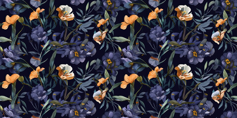 Indigo repeating pattern background, tropical leaves, abstract art design – created with generative AI