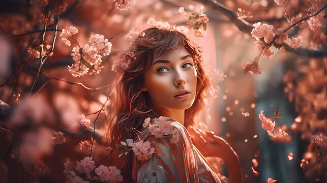 Beautiful blue-eyed woman surrounded by cherry blossoms drifting in spring