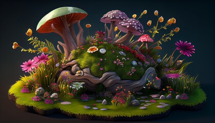 Forest Mushroon Plant Scene Macro View Bright Colorful AI Generated Wallpaper Illustration